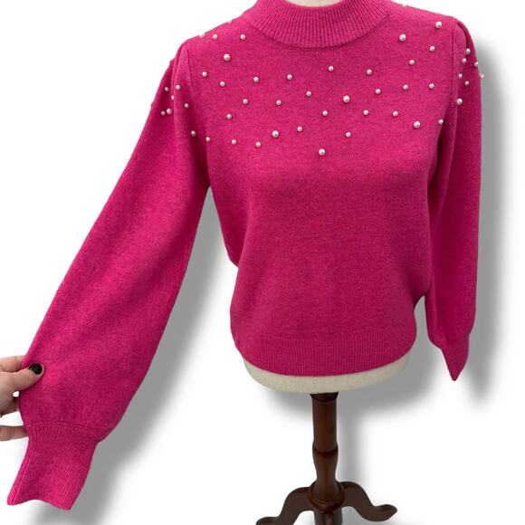 CeCe Hot Pink Sweater with pearls medium balloon sleeve Preppy Coquette Knit - Picture 6 of 13